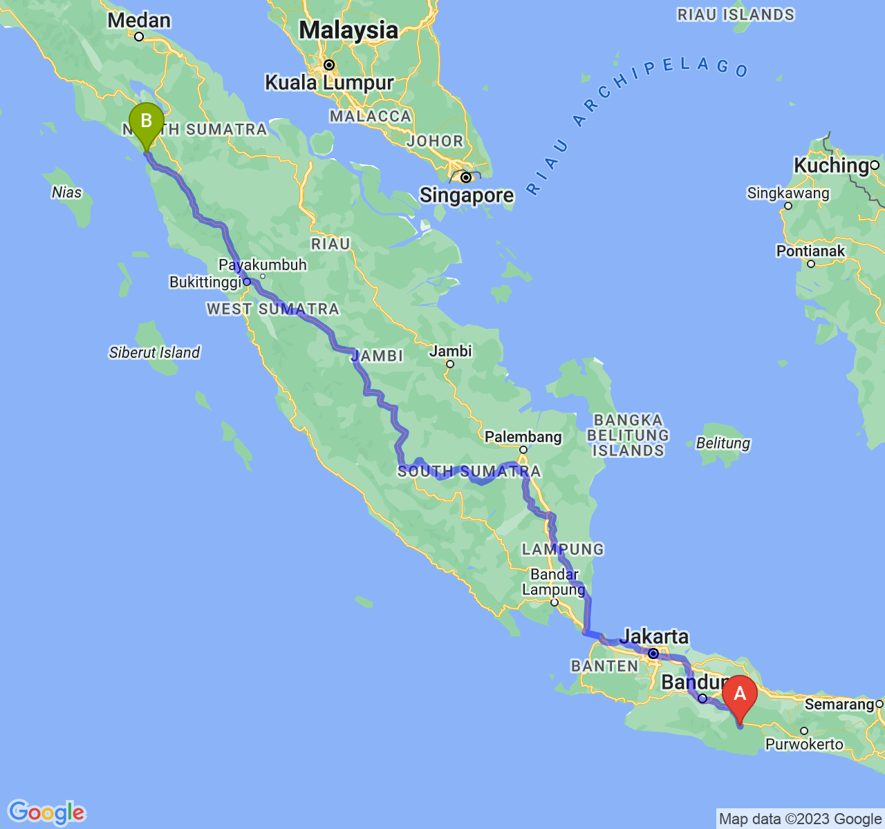 perjalanan dengan rute Kota Tasikmalaya-Kota Sibolga