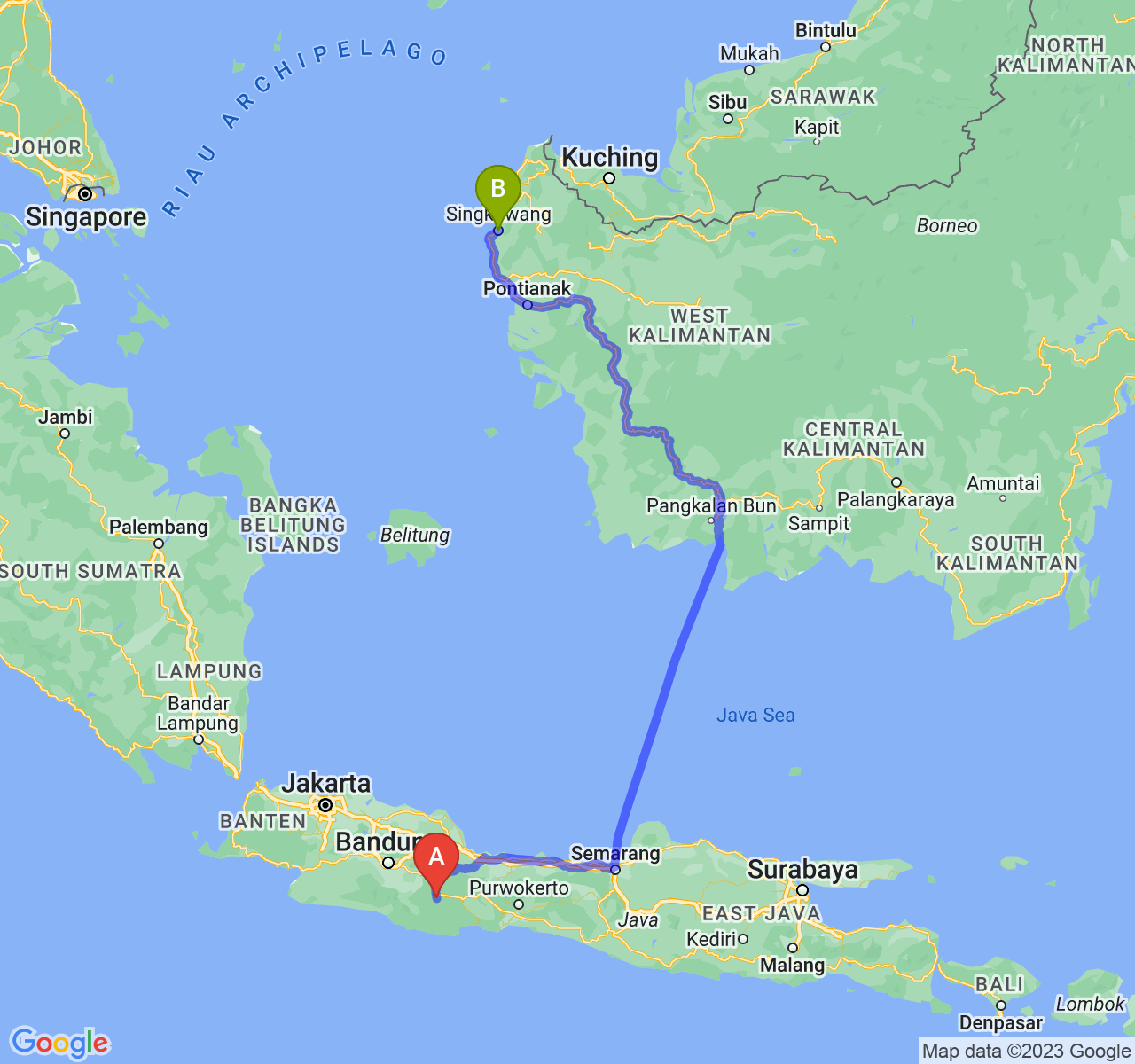 perjalanan dengan rute Kota Tasikmalaya-Kota Singkawang