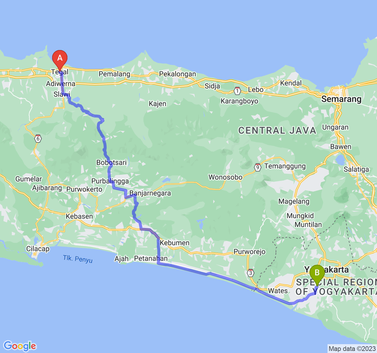 perjalanan dengan rute Kota Tegal-Kab. Bantul