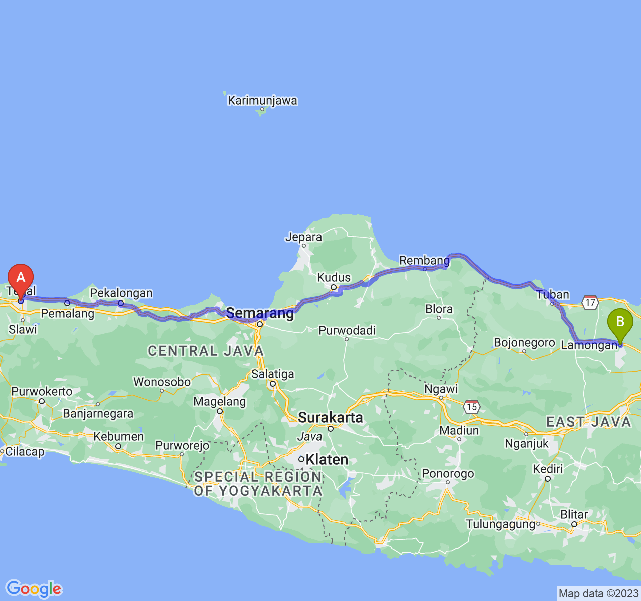 perjalanan dengan rute Kota Tegal-Kab. Lamongan