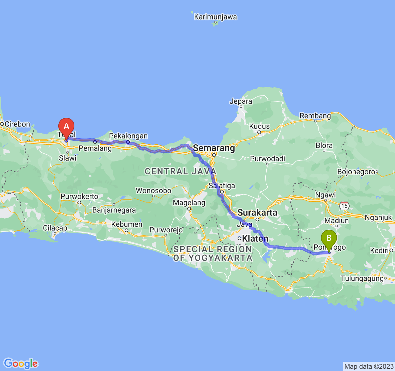 perjalanan dengan rute Kota Tegal-Kab. Ponorogo