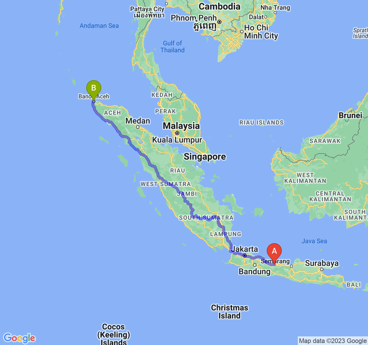 perjalanan dengan rute Kota Tegal-Kota Banda Aceh