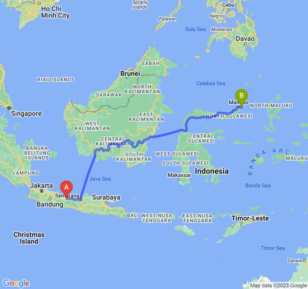 perjalanan dengan rute Kota Tegal-Kota Bitung