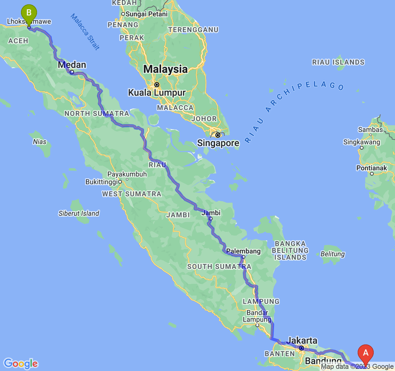 perjalanan dengan rute Kota Tegal-Kota Lhokseumawe