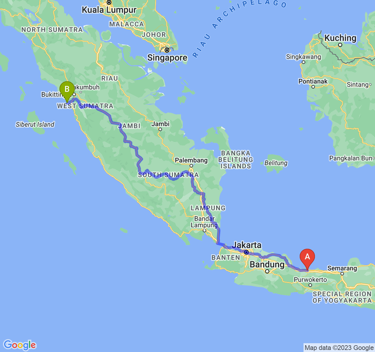 perjalanan dengan rute Kota Tegal-Kota Pariaman