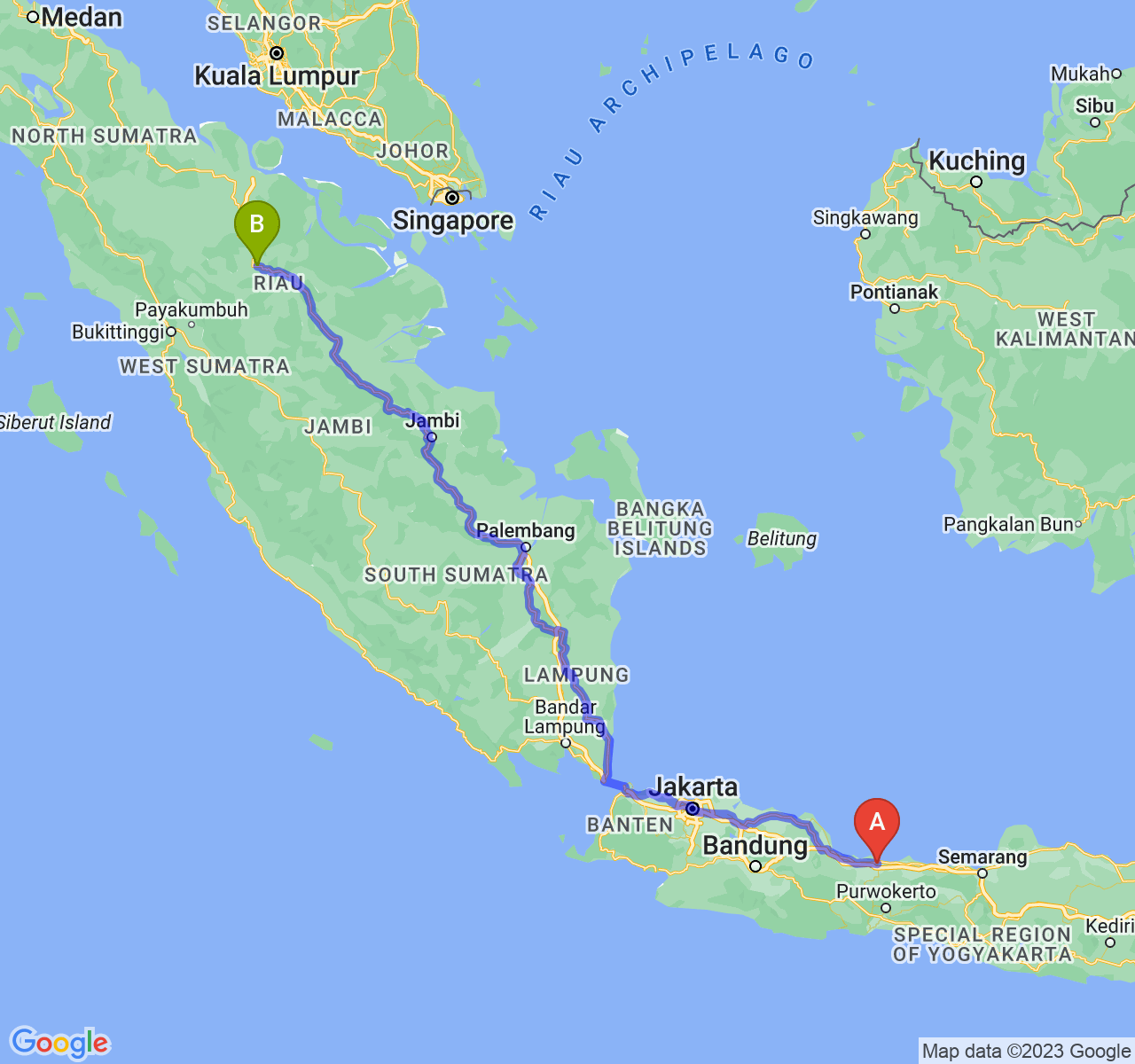 perjalanan dengan rute Kota Tegal-Kota Pekanbaru