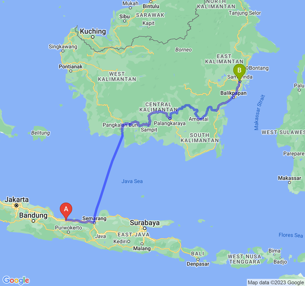 perjalanan dengan rute Kota Tegal-Kota Samarinda