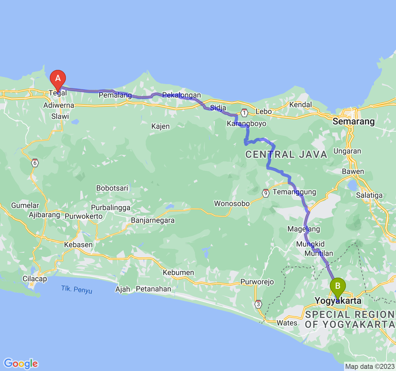 perjalanan dengan rute Kota Tegal-Kota Yogyakarta