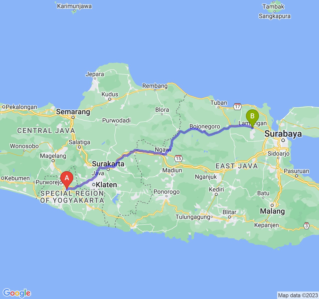 perjalanan dengan rute Kota Yogyakarta-Kab. Lamongan