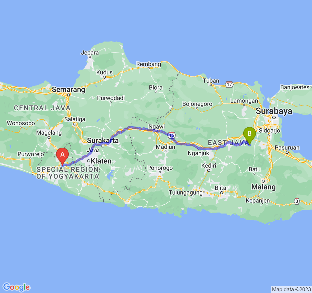 perjalanan dengan rute Kota Yogyakarta-Kab. Mojokerto