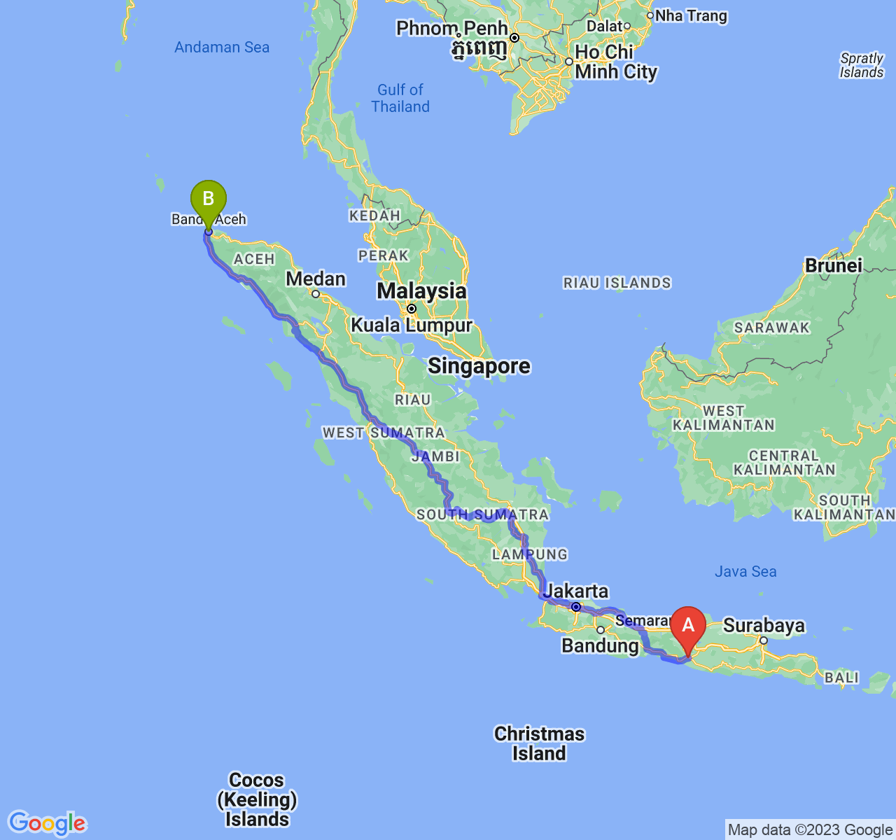 perjalanan dengan rute Kota Yogyakarta-Kota Banda Aceh