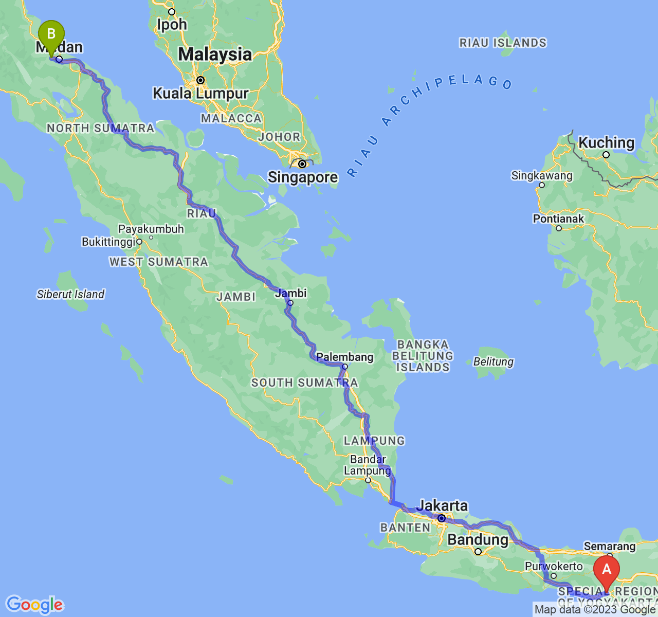 perjalanan dengan rute Kota Yogyakarta-Kota Binjai