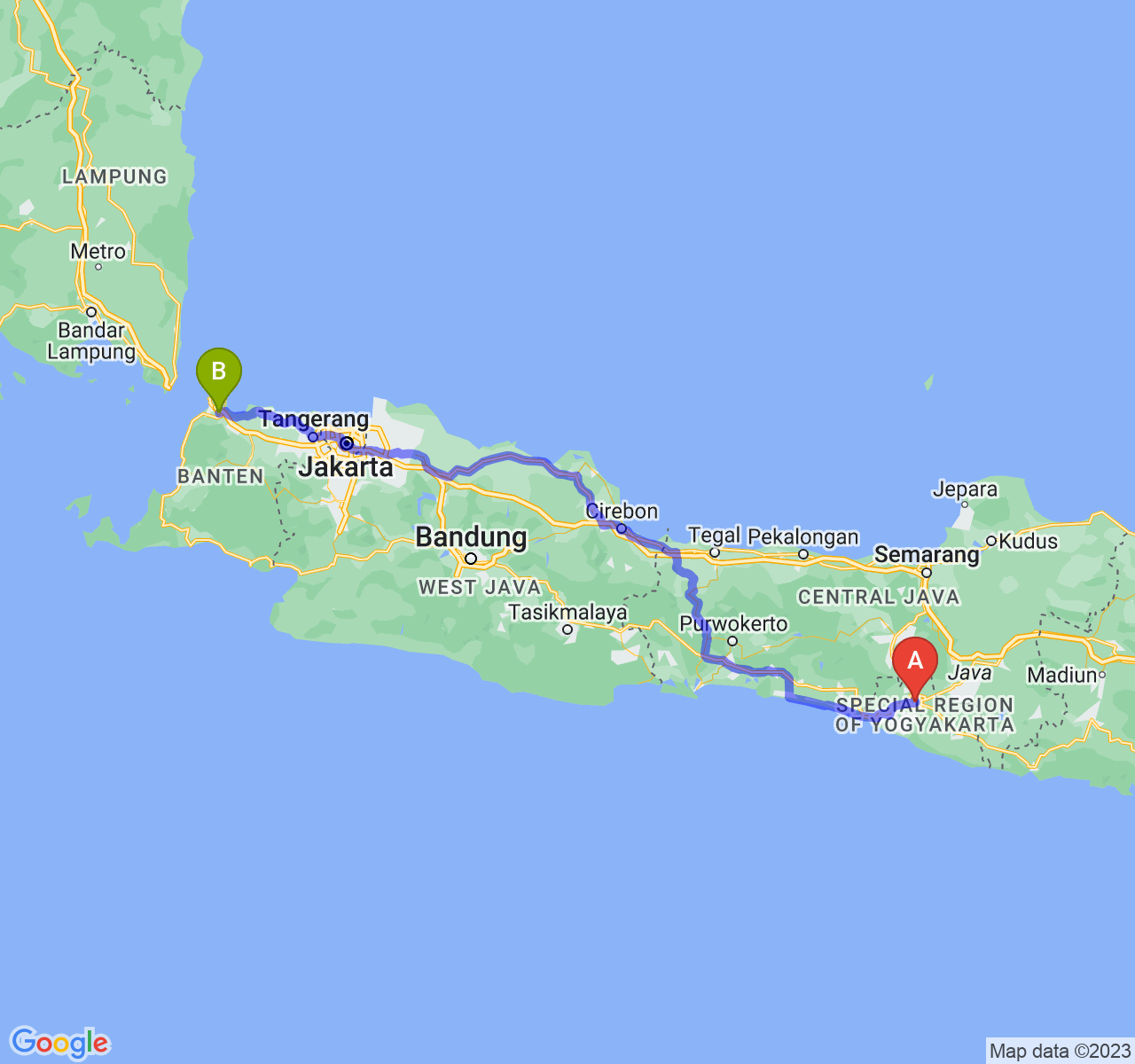 perjalanan dengan rute Kota Yogyakarta-Kota Cilegon