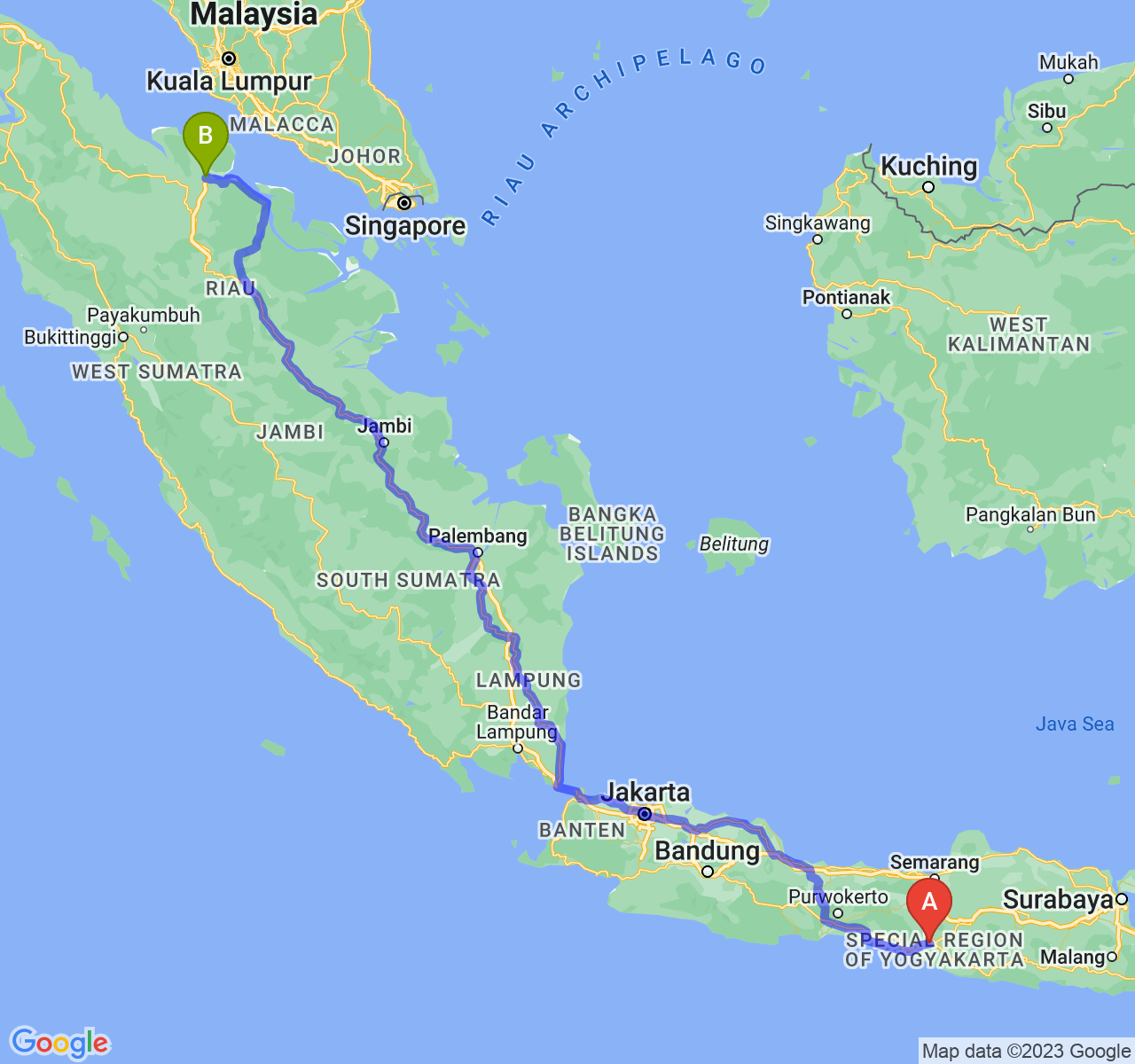 perjalanan dengan rute Kota Yogyakarta-Kota Dumai