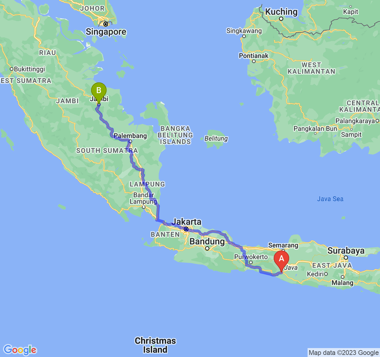 perjalanan dengan rute Kota Yogyakarta-Kota Jambi