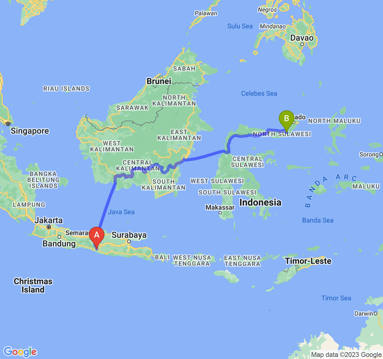 perjalanan dengan rute Kota Yogyakarta-Kota Kotamobagu