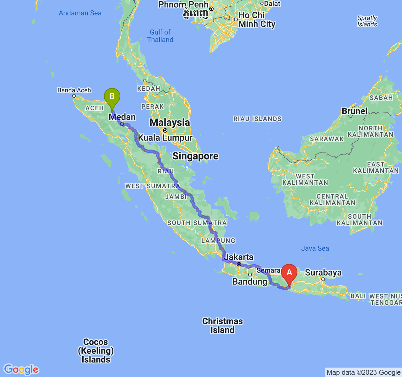 perjalanan dengan rute Kota Yogyakarta-Kota Langsa