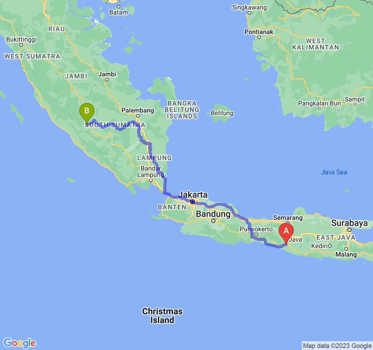 perjalanan dengan rute Kota Yogyakarta-Kota Lubuk Linggau