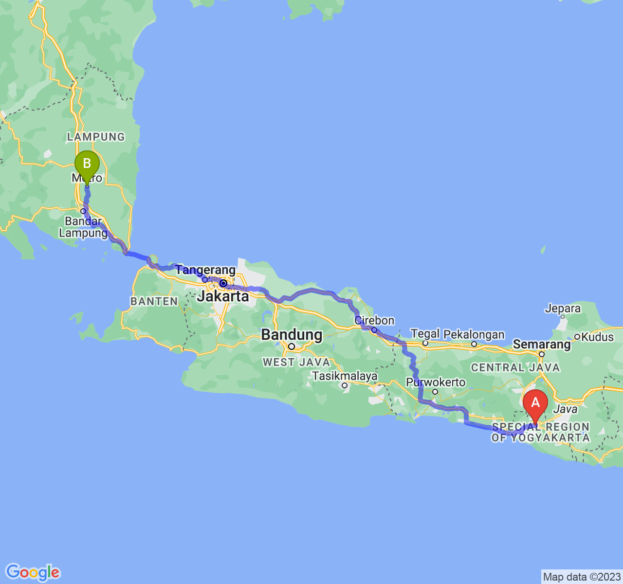 perjalanan dengan rute Kota Yogyakarta-Kota Metro