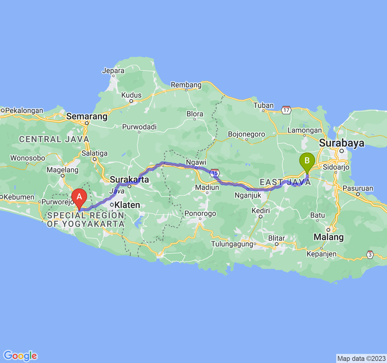 perjalanan dengan rute Kota Yogyakarta-Kota Mojokerto