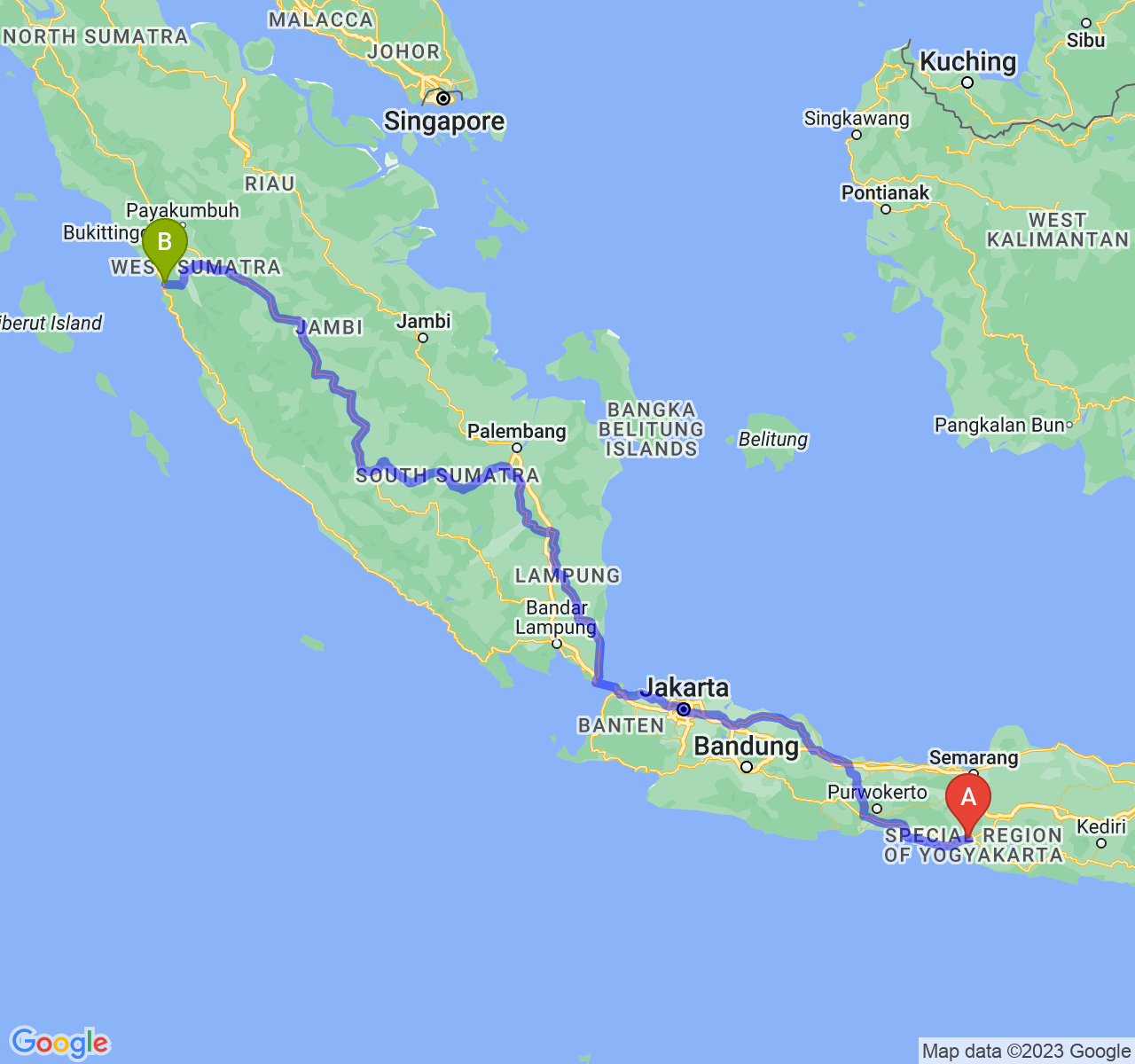 perjalanan dengan rute Kota Yogyakarta-Kota Padang