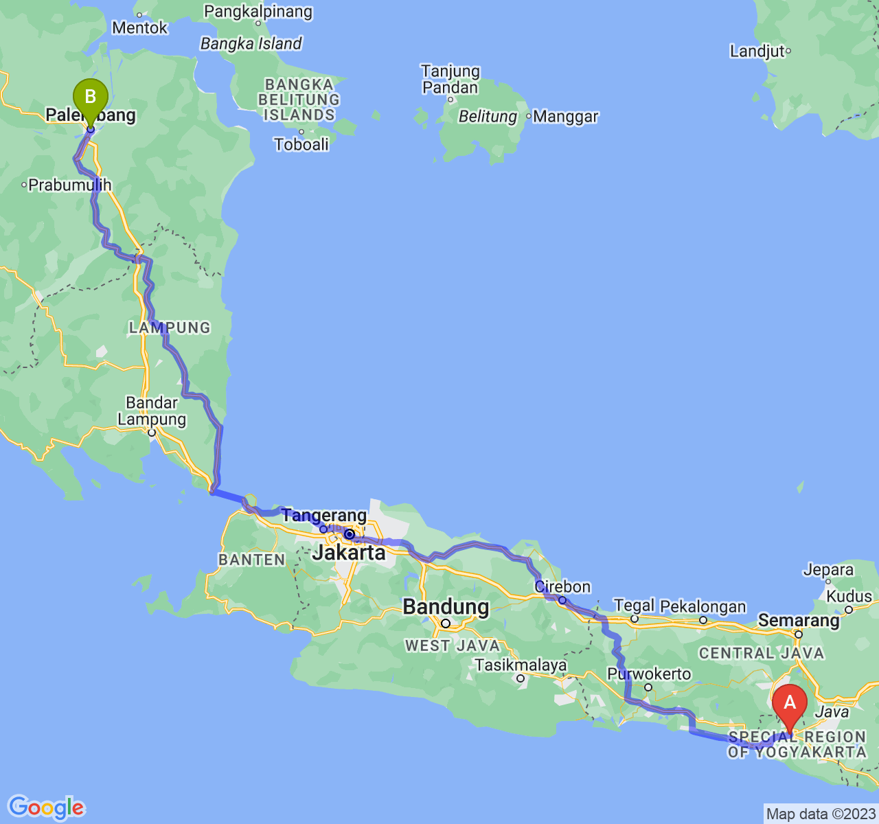 perjalanan dengan rute Kota Yogyakarta-Kota Palembang