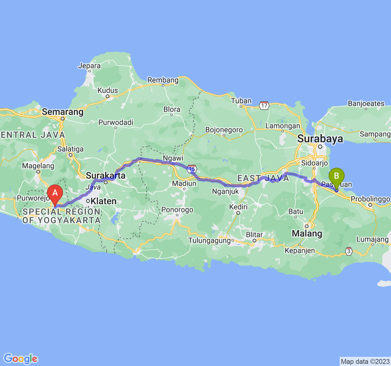 perjalanan dengan rute Kota Yogyakarta-Kota Pasuruan