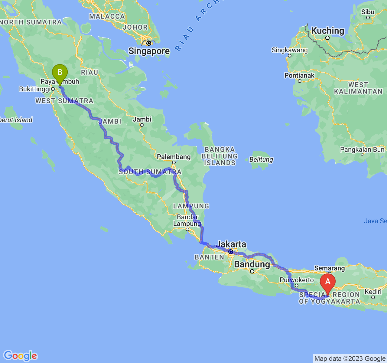 perjalanan dengan rute Kota Yogyakarta-Kota Payakumbuh