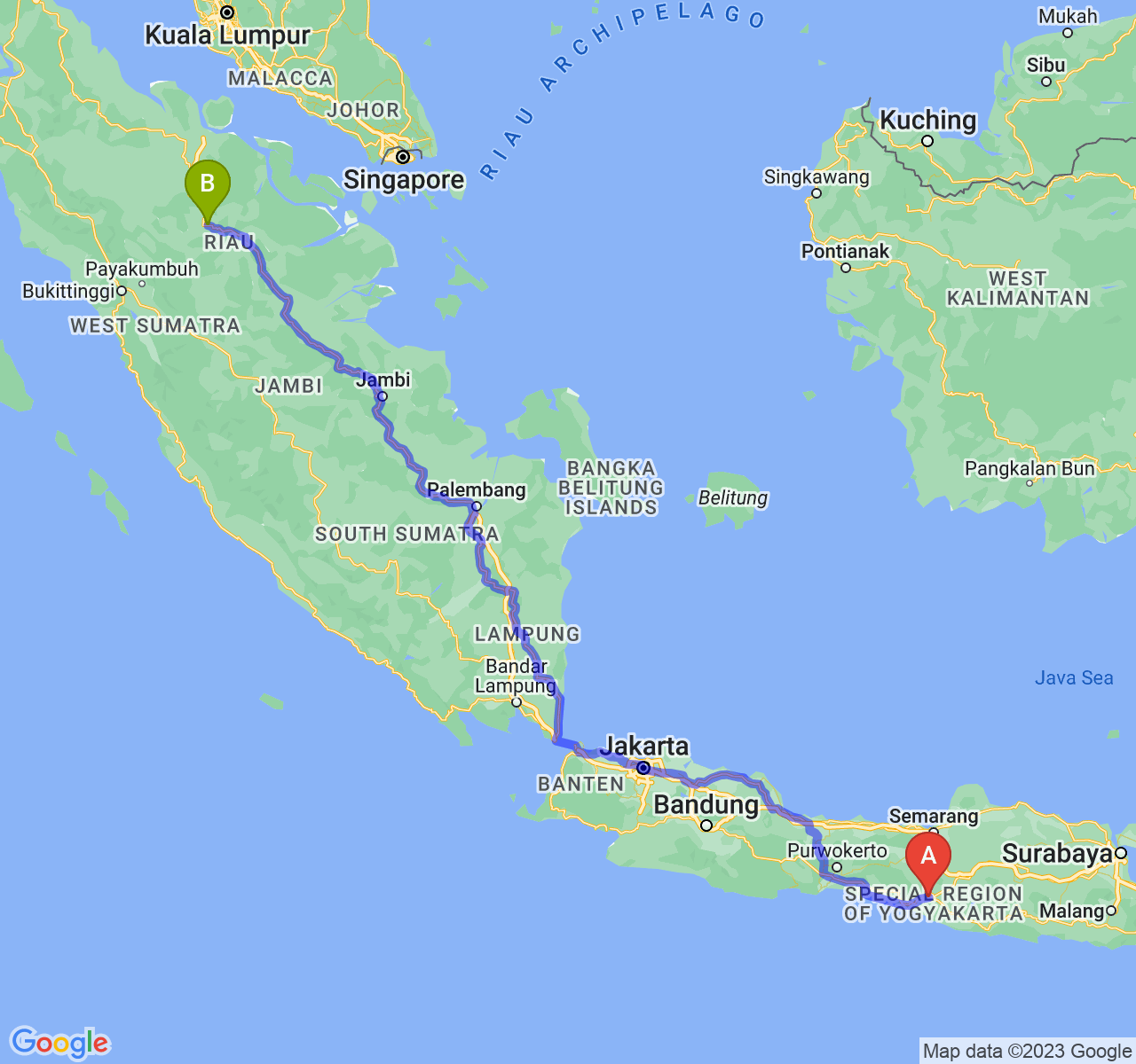 perjalanan dengan rute Kota Yogyakarta-Kota Pekanbaru