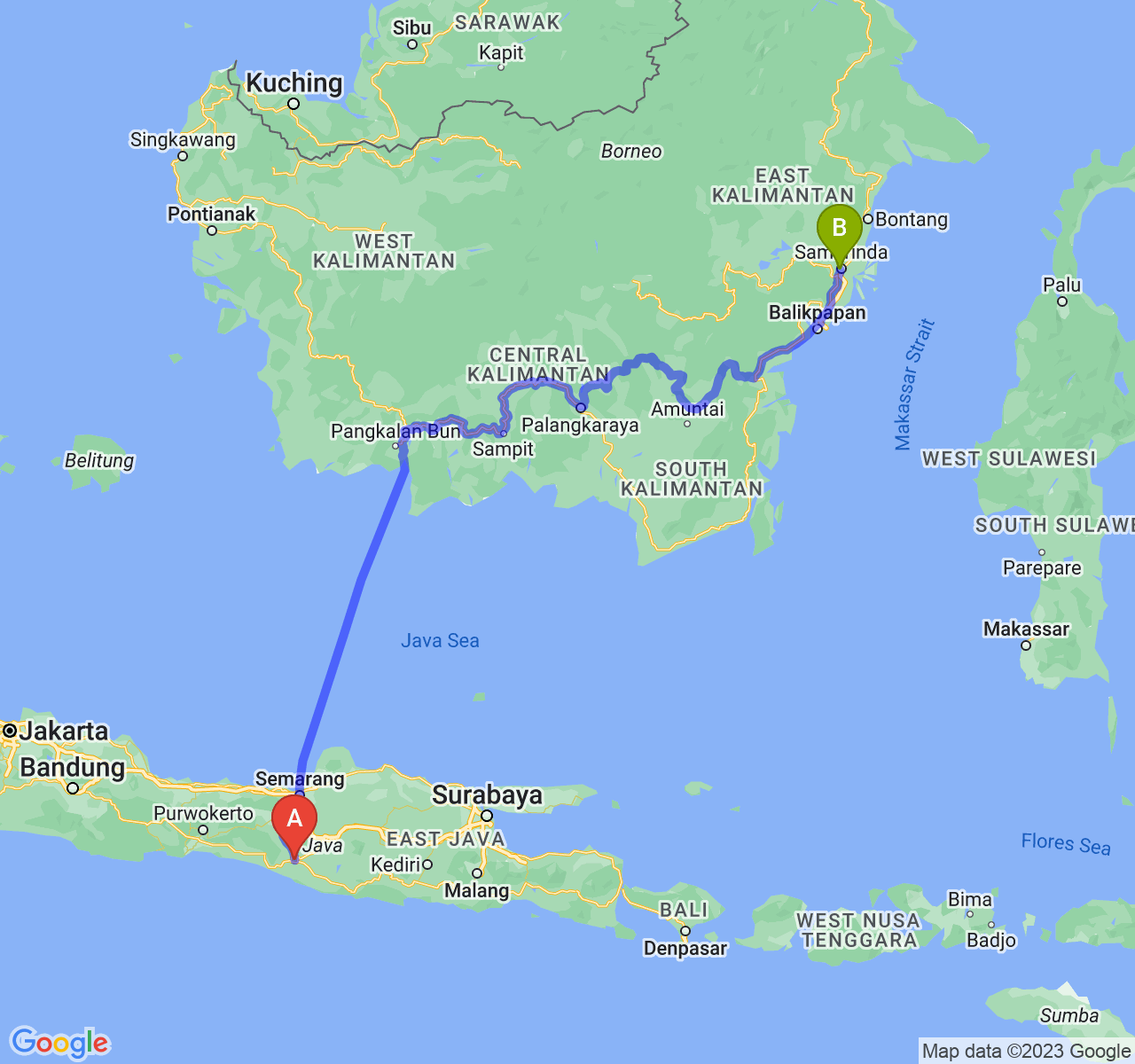 perjalanan dengan rute Kota Yogyakarta-Kota Samarinda