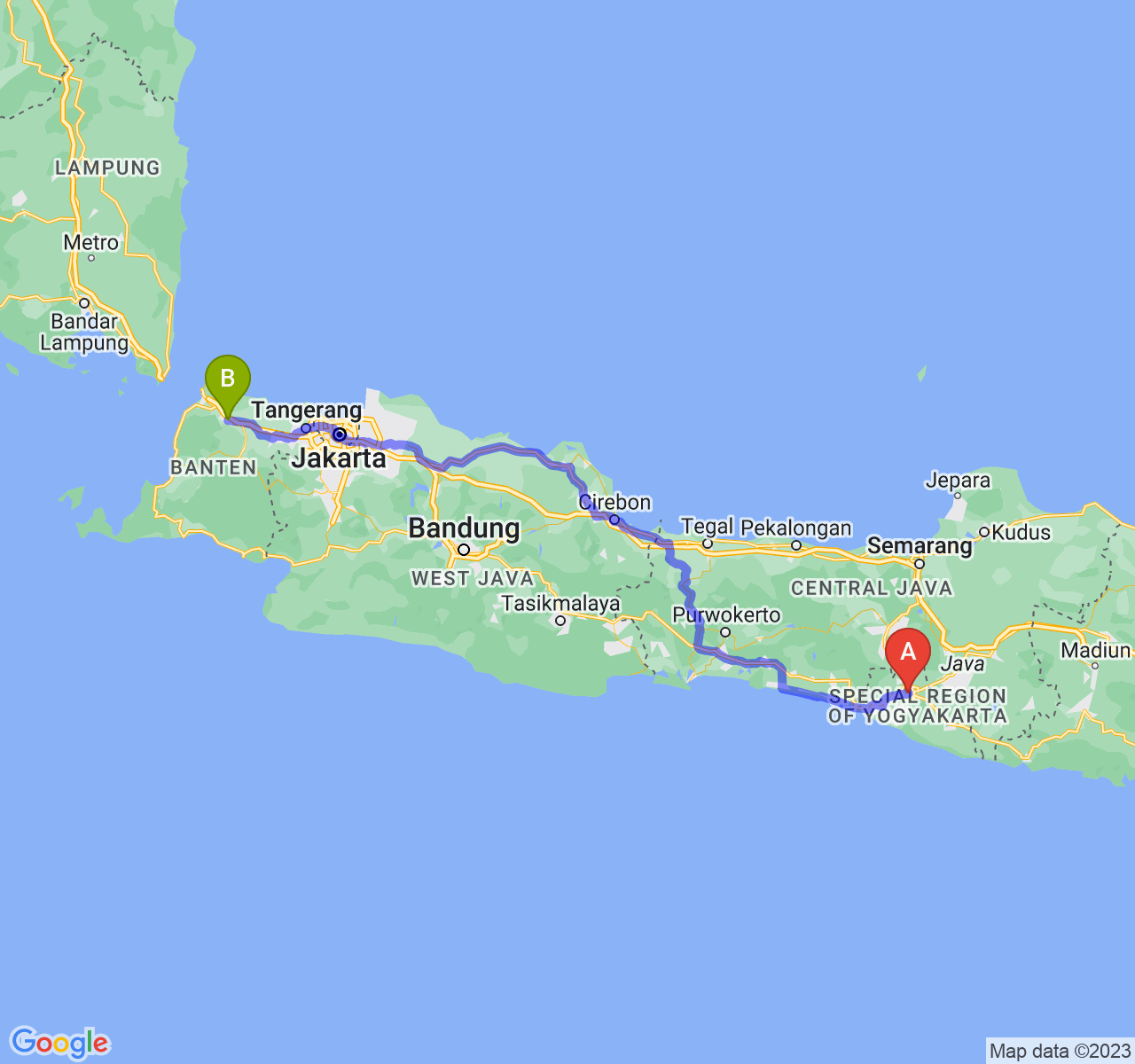 perjalanan dengan rute Kota Yogyakarta-Kota Serang