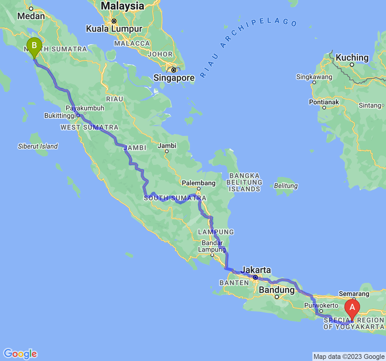 perjalanan dengan rute Kota Yogyakarta-Kota Sibolga