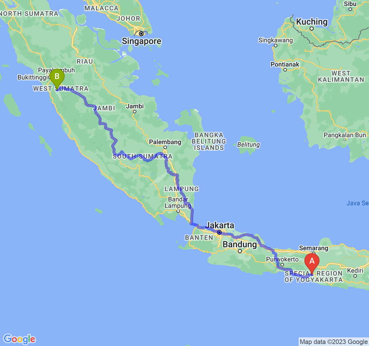 perjalanan dengan rute Kota Yogyakarta-Kota Solok