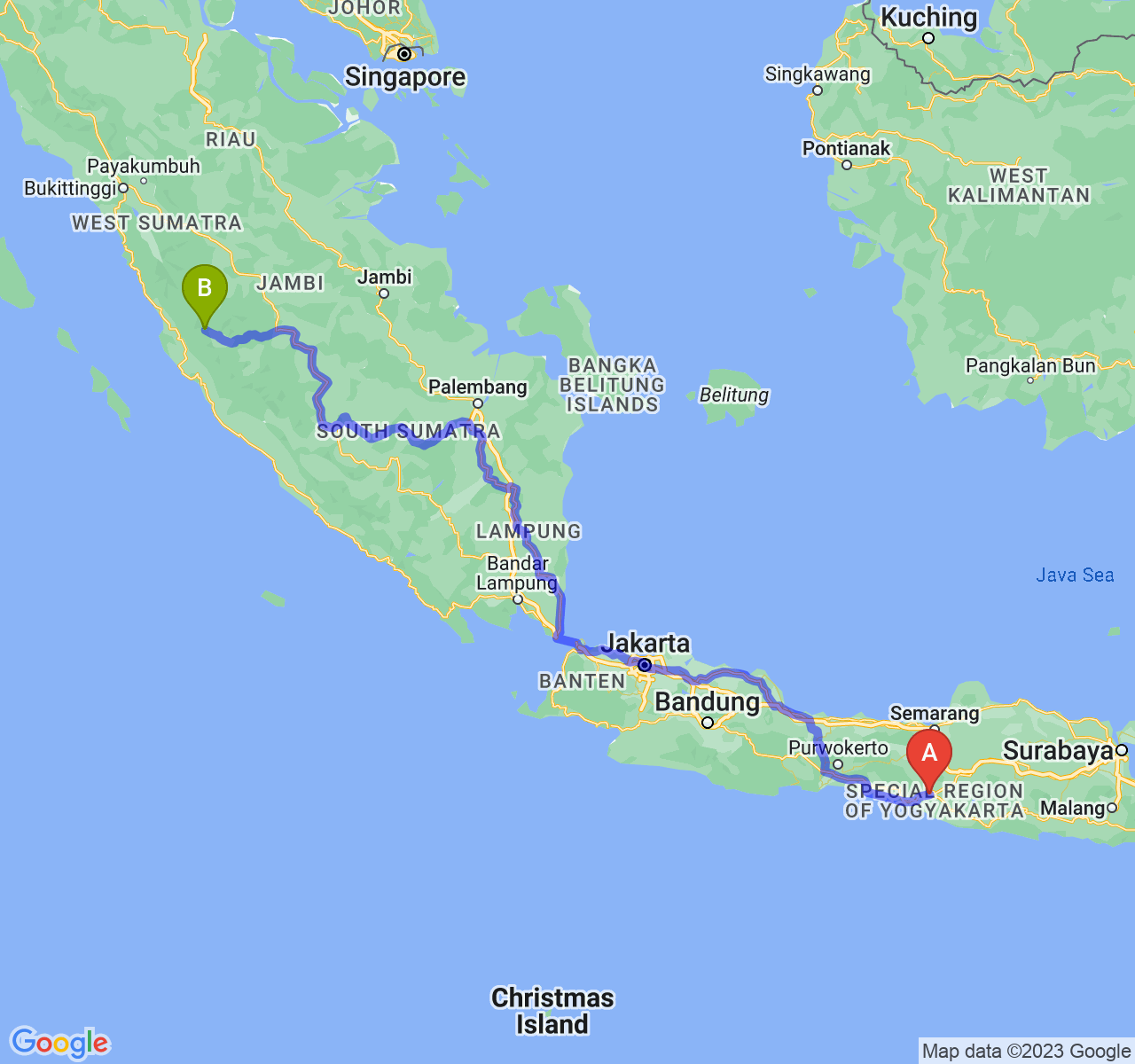 perjalanan dengan rute Kota Yogyakarta-Kota Sungai Penuh