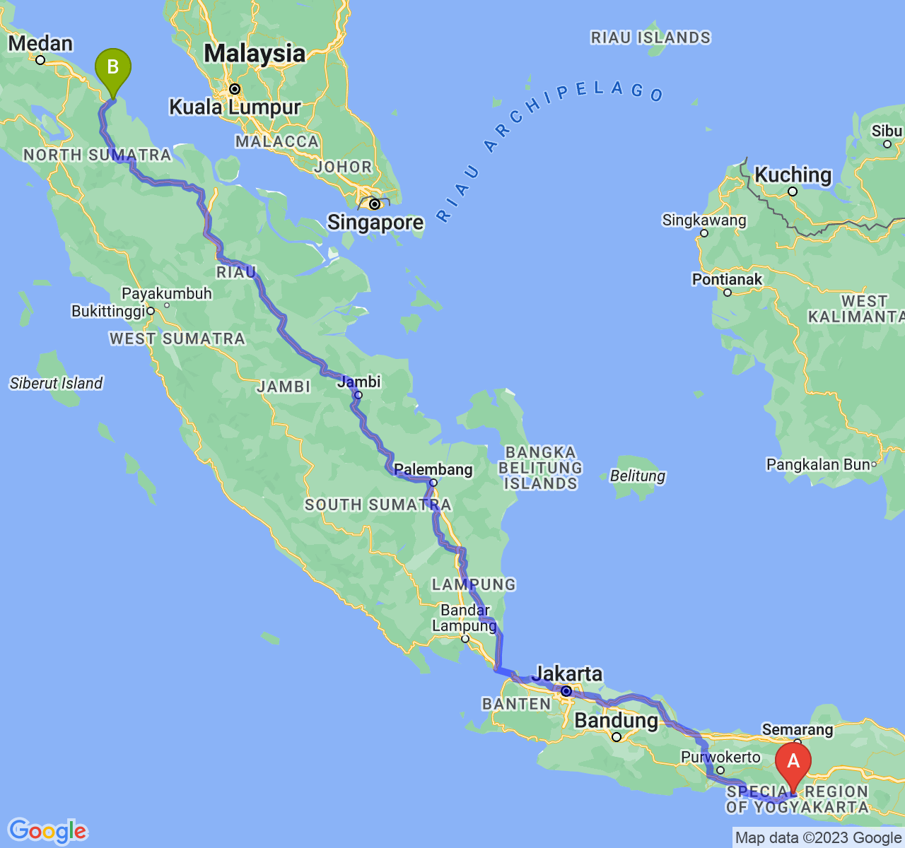 perjalanan dengan rute Kota Yogyakarta-Kota Tanjung Balai