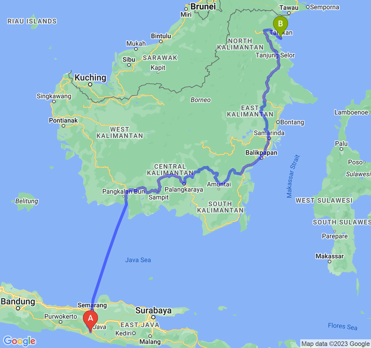 perjalanan dengan rute Kota Yogyakarta-Kota Tarakan