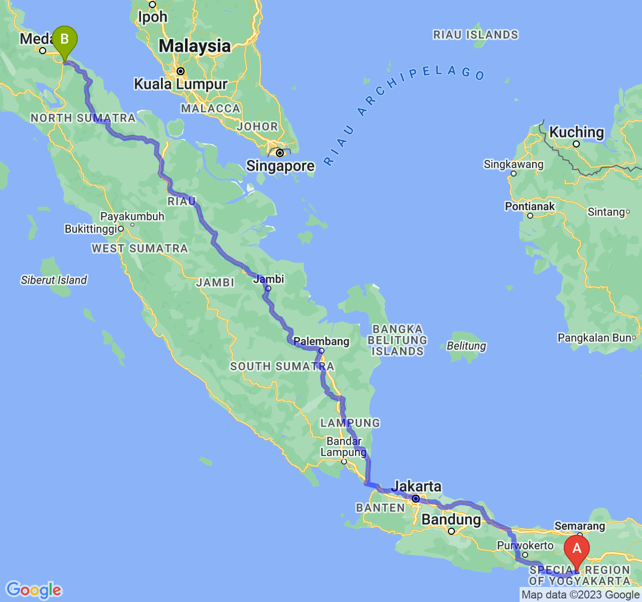 perjalanan dengan rute Kota Yogyakarta-Kota Tebing Tinggi