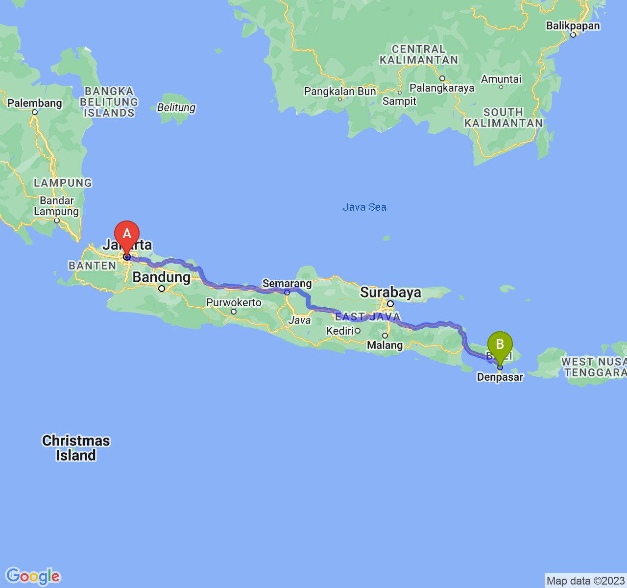 rute perjalanan Jakarta-Kota Denpasar