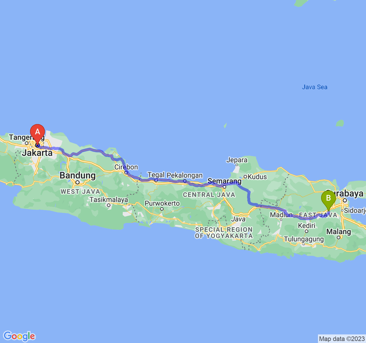 rute perjalanan Jakarta-Kota Mojokerto