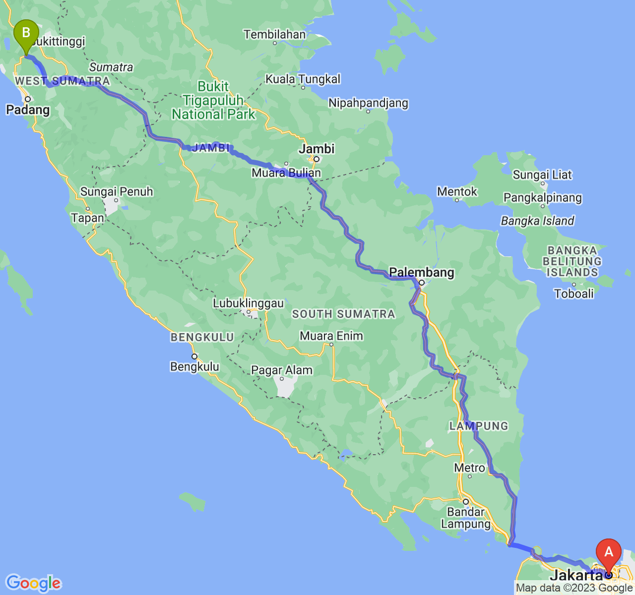 rute perjalanan Jakarta-Kota Padang Panjang