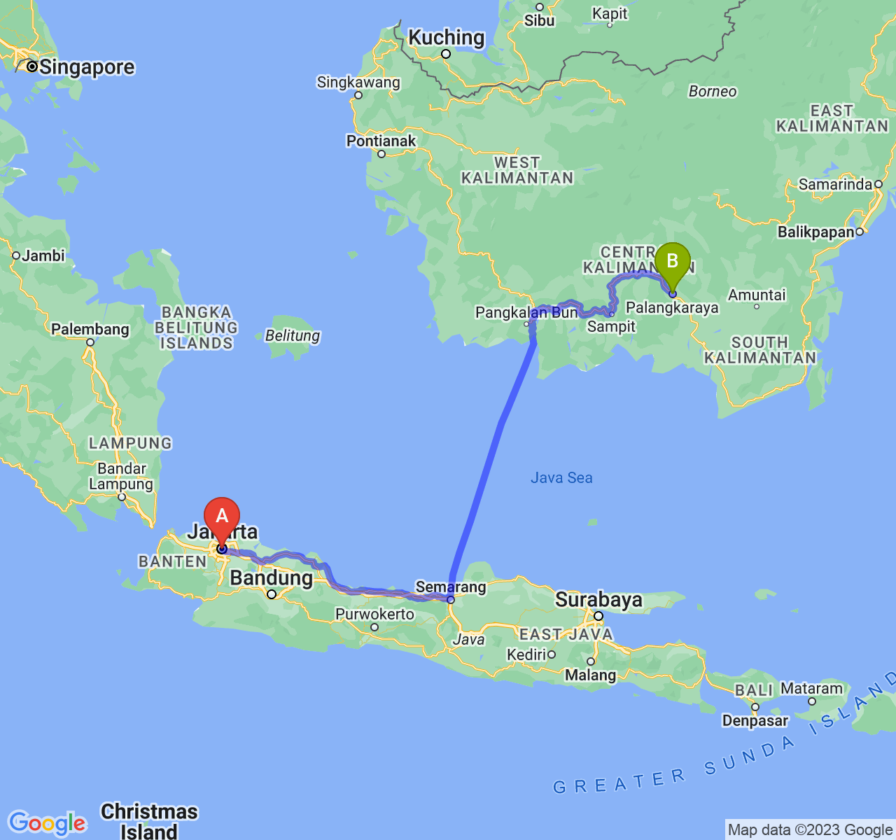 rute perjalanan Jakarta-Kota Palangka Raya