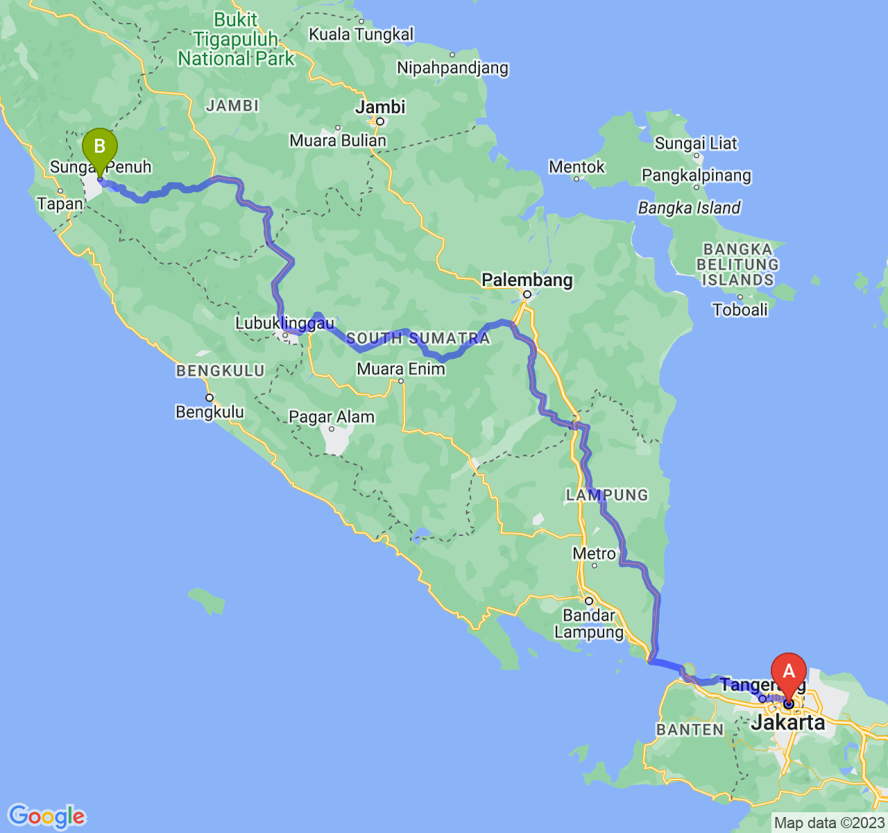 rute perjalanan Jakarta-Kota Sungai Penuh