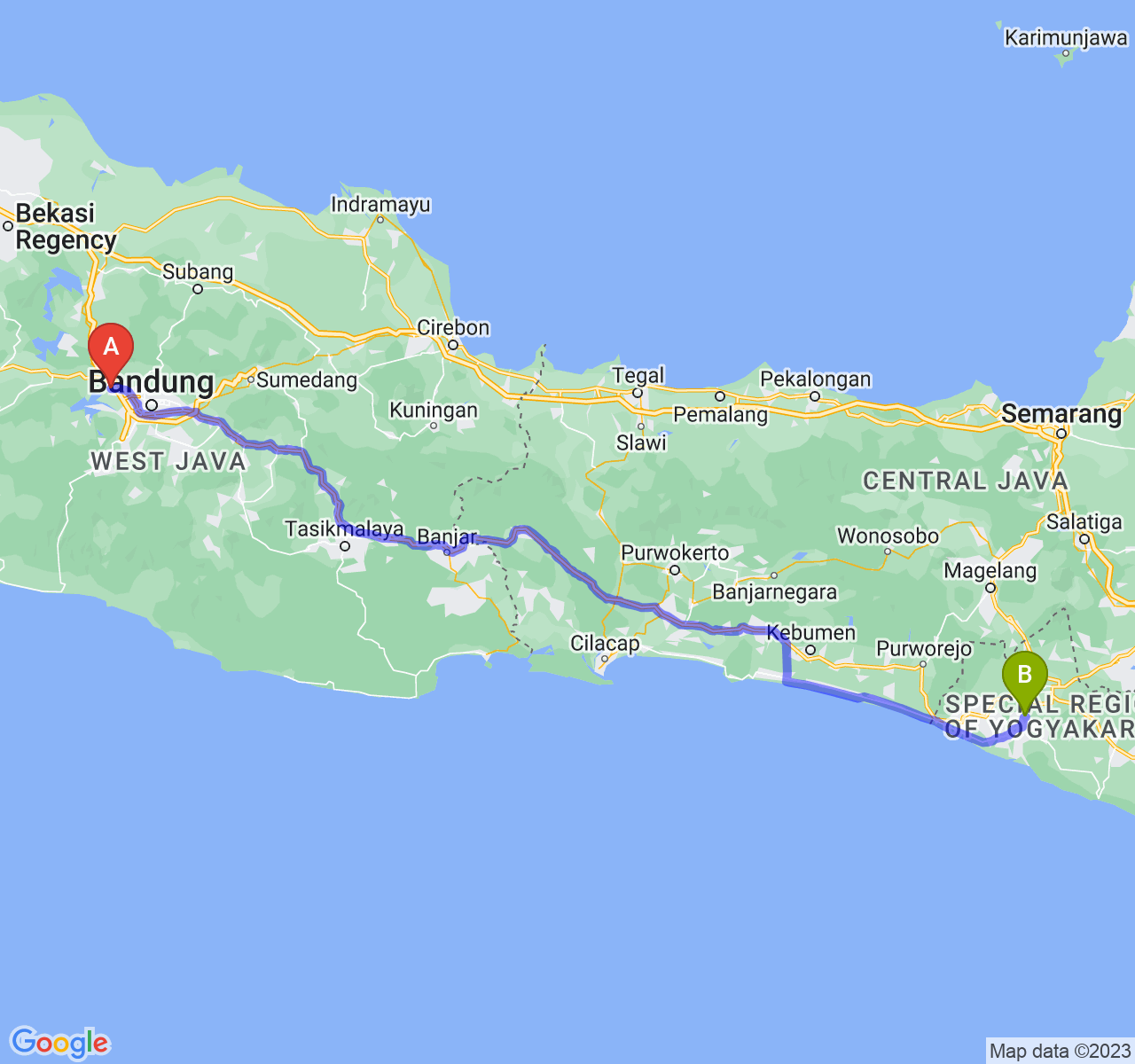 rute perjalanan Kab. Bandung Barat-Kab. Bantul