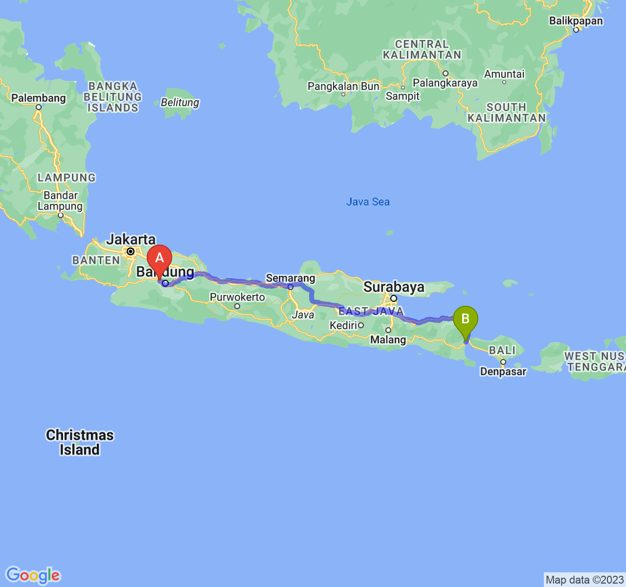 rute perjalanan Kab. Bandung Barat-Kab. Banyuwangi