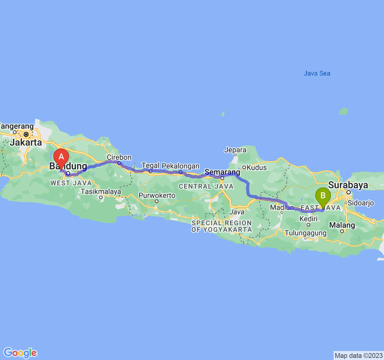 rute perjalanan Kab. Bandung Barat-Kab. Jombang