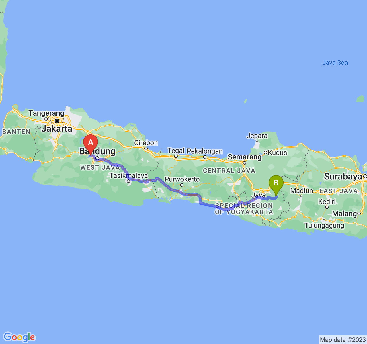 rute perjalanan Kab. Bandung Barat-Kab. Karanganyar