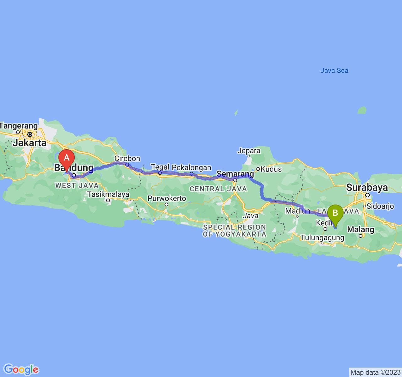 rute perjalanan Kab. Bandung Barat-Kab. Kediri