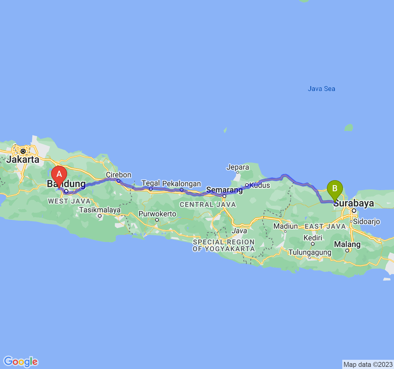 rute perjalanan Kab. Bandung Barat-Kab. Lamongan