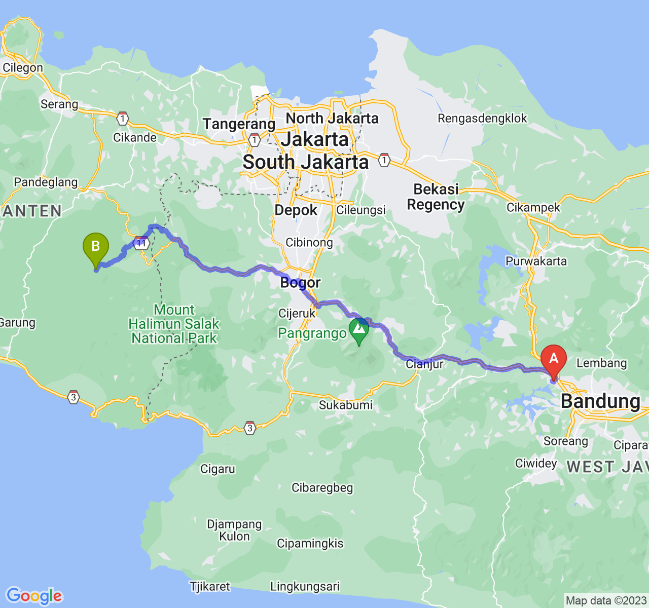 rute perjalanan Kab. Bandung Barat-Kab. Lebak