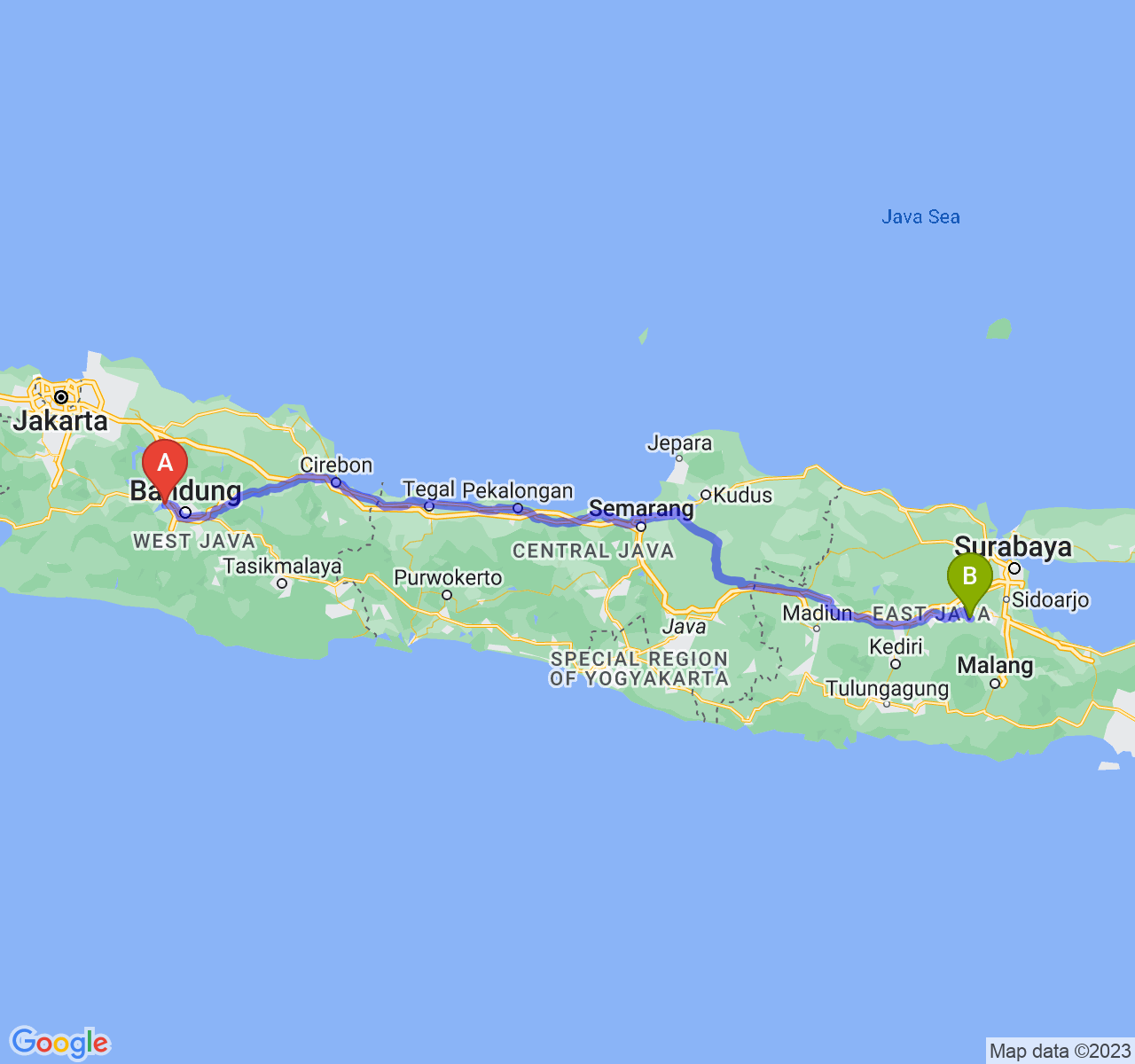 rute perjalanan Kab. Bandung Barat-Kab. Mojokerto